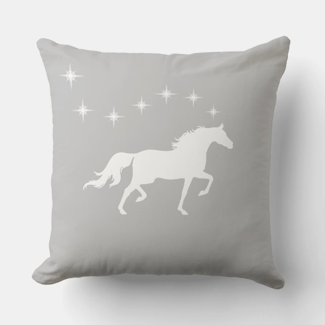 Almofada Cavalo branco elegante e estrelas em cinza pratead (Frente)