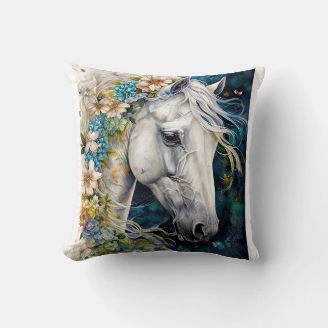 Almofada Cavalo Branco Fantasia decorado com flores (Frente)