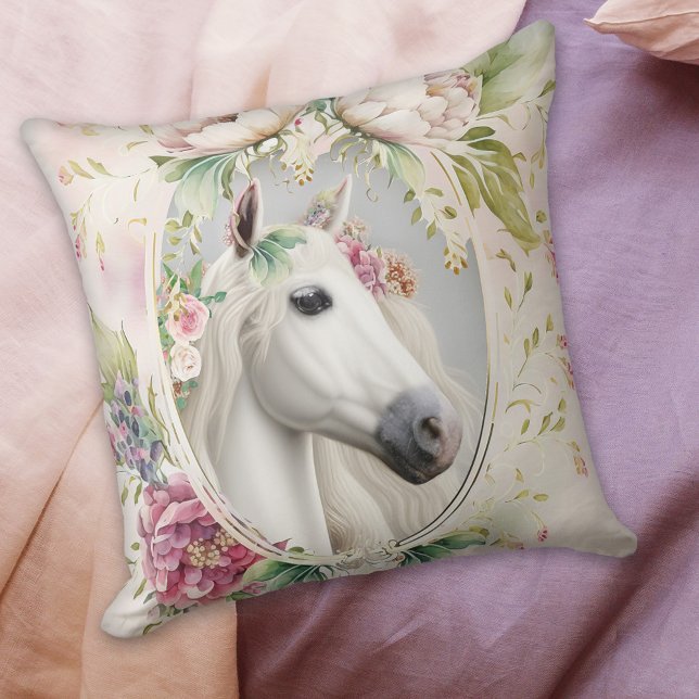 Almofada Cavalo Branco Floral Romântico (Criador carregado)