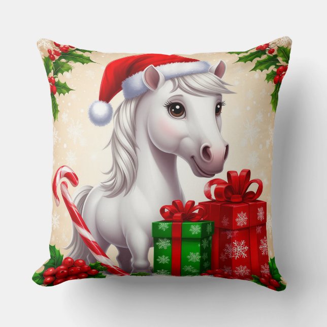 Almofada Cavalo de Cartoon Festivo em Santa Hat com present (Frente)