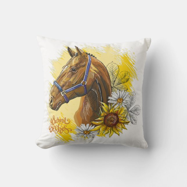 Almofada Cavalo de desenho manual com plantas e flores (Frente)