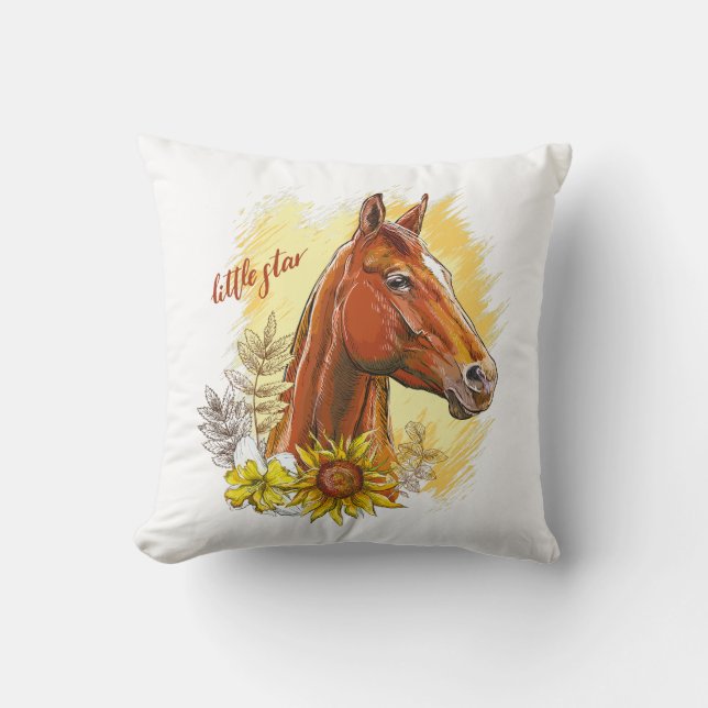 Almofada Cavalo de desenho manual elegante com plantas e fl (Frente)