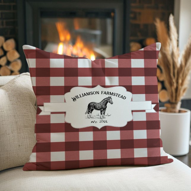 Almofada Cavalo de Fazenda de Xadrez de Buffalo Vermelho (Red Buffalo Plaid Farm Horse Throw Pillow)
