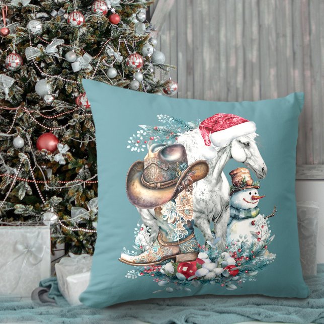Almofada Cavalo de Natal em chapéu de Papai Noel botas de v (Christmas horse in Santa hat cowgirl cowboy boots Throw Pillow)