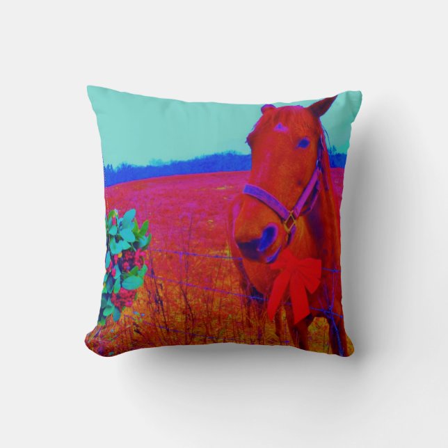 Almofada Cavalo de Natal Retro com visco e laço vermelho (Frente)