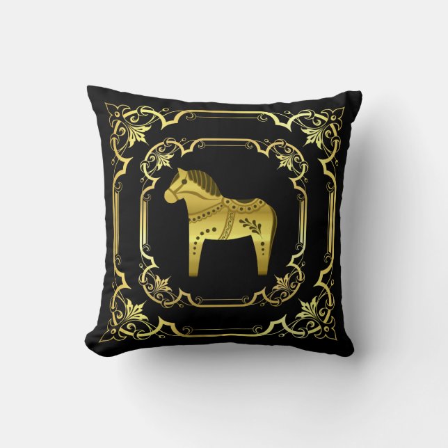Almofada Cavalo Folk Dala Dourado/negro, design dourado/pre (Frente)