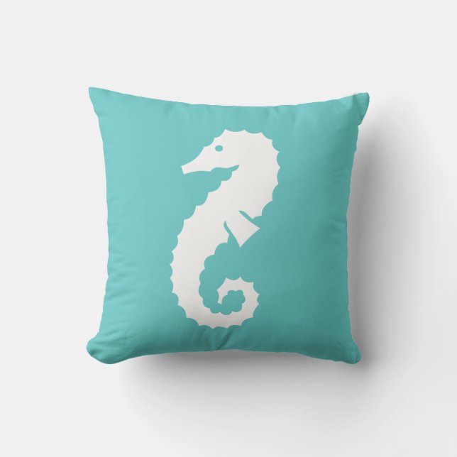 Almofada CAVALO-MARINHO BRANCO em travesseiro azul turquesa (Frente)