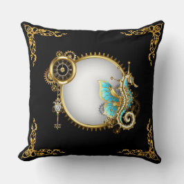 Almofada Cavalo-Marinho Colorido Steampunk em Branco e Dour