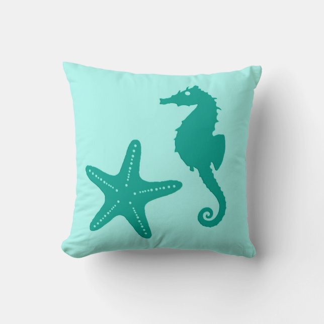 Almofada Cavalo-marinho & estrela-do-mar - turquesa e aqua (Frente)