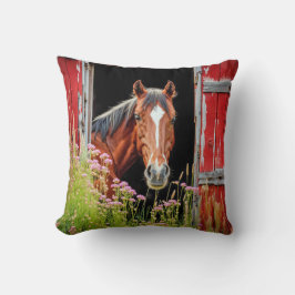 Almofada Cavalo Na Porta Do Barn Com Flores Selvagens