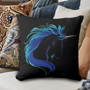 Almofada Cavalo Preto Elegante Unicórnio Azul Prata Fantasi