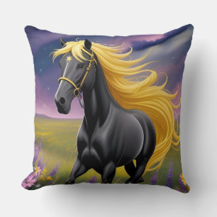 Almofada Cavalo Preto Majestoso com Crina Dourada Fluindo