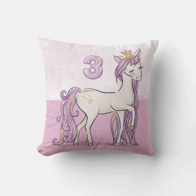 Almofada Cavalo Rosa aniversário de 3 anos de Nome Personal (Frente)