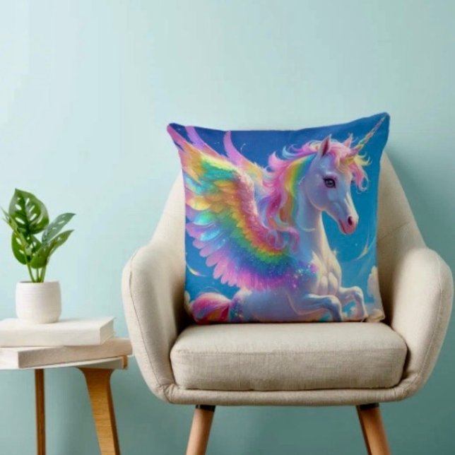 Almofada Cavalo Unicórnio Dançante com Asas de Arco-Íris (Throw Pillow 100% polyester heavyweight stretch material. Hidden zipper Made in the USA.

)