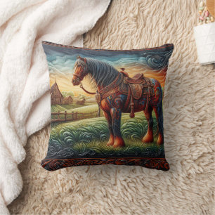 Almofada Cavalo Vibrante em Cena Colorida de Fazenda