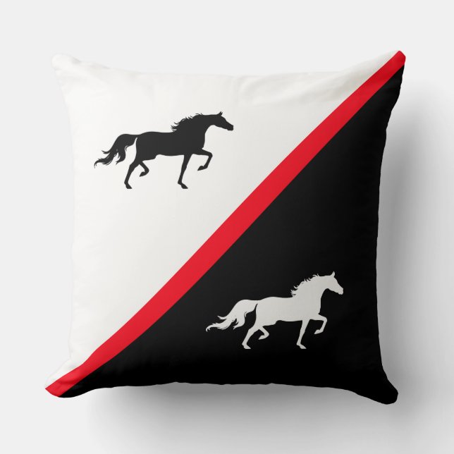 Almofada Cavalos Elegantes em Preto, Vermelho e Branco (Frente)