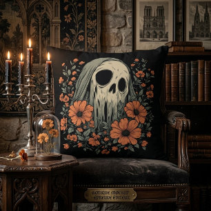 Almofada Caveira de Fantasma Assustador com Flores Laranja