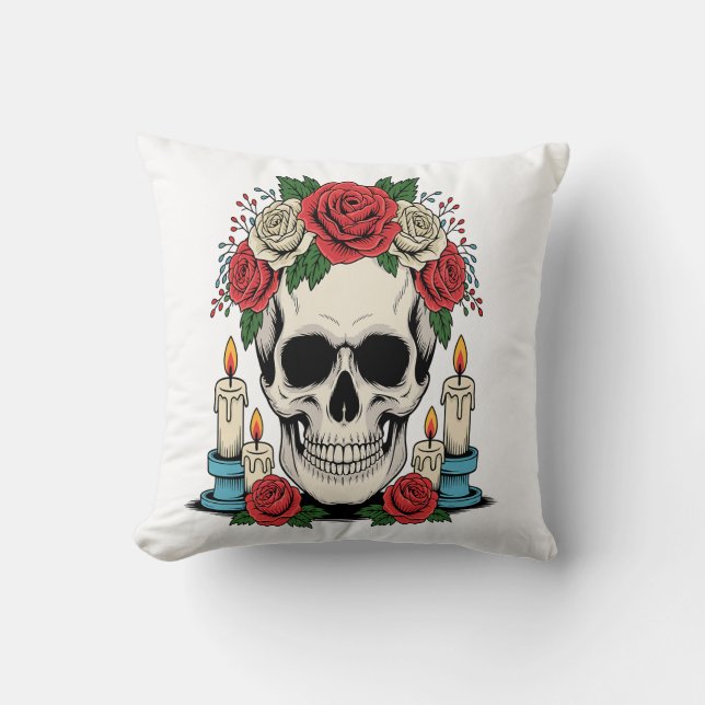 Almofada Caveira Floral com Velas Halloween (Frente)