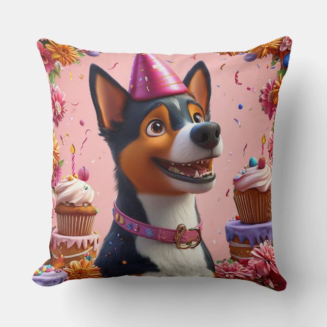 Almofada Celebração de Aniversário Com Cachorro Feliz (Frente)
