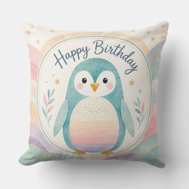 Almofada Celebração de Aniversário do Pingüim Arco-íris Pas (Frente)