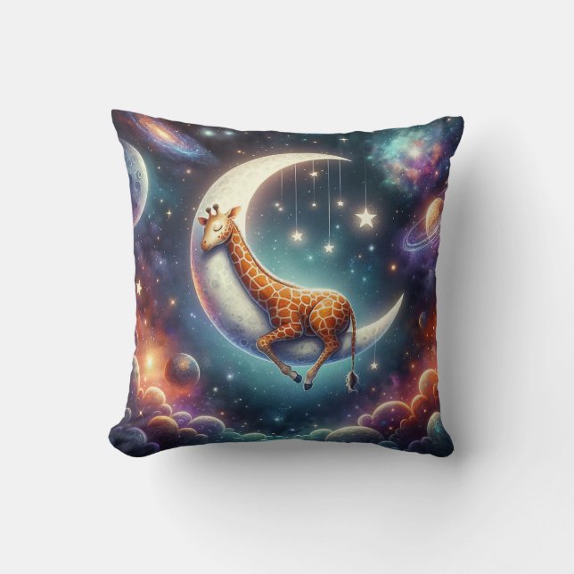 Almofada Celestial Baby Giraffe Dormindo em Lua e Estrelas (Frente)