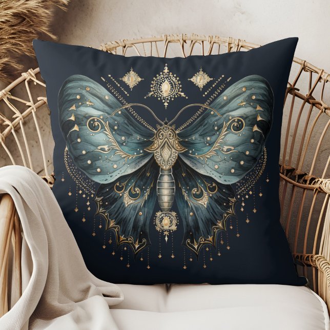 Almofada Celestial Blue Moth Witchmas Throw Pillow (Celestial Blue Moth Witchmas Throw Pillow in a boho rattan armchair.)