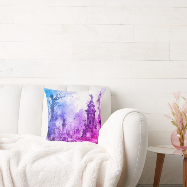 Almofada Cemitério assustador e assustador Roxo e Halloween (Sofá)