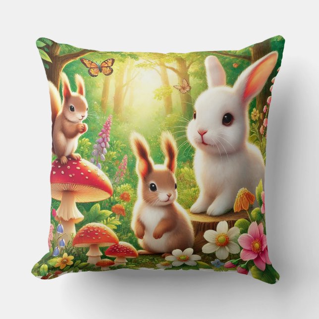 Almofada Cena Caprichosa da Floresta com Coelhos, Esquilos (Frente)