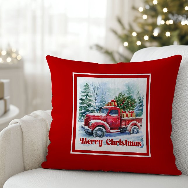Almofada Cena clássica de Natal com caminhão vermelho rústi (Bring timeless holiday charm into your home with this beautifully illustrated watercolor Christmas r)