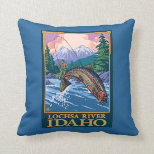 Almofada Cena da pesca com mosca - rio de Lochsa, Idaho