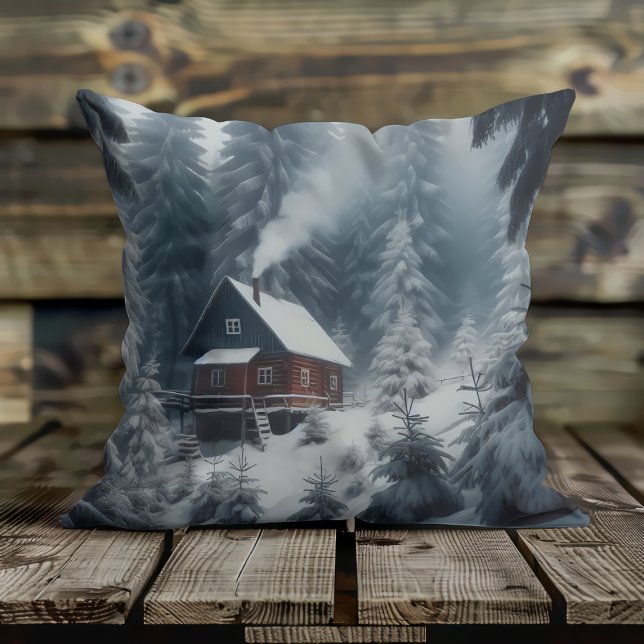 Almofada Cena de Cabana de Inverno com Neve e Pinheiros (Criador carregado)