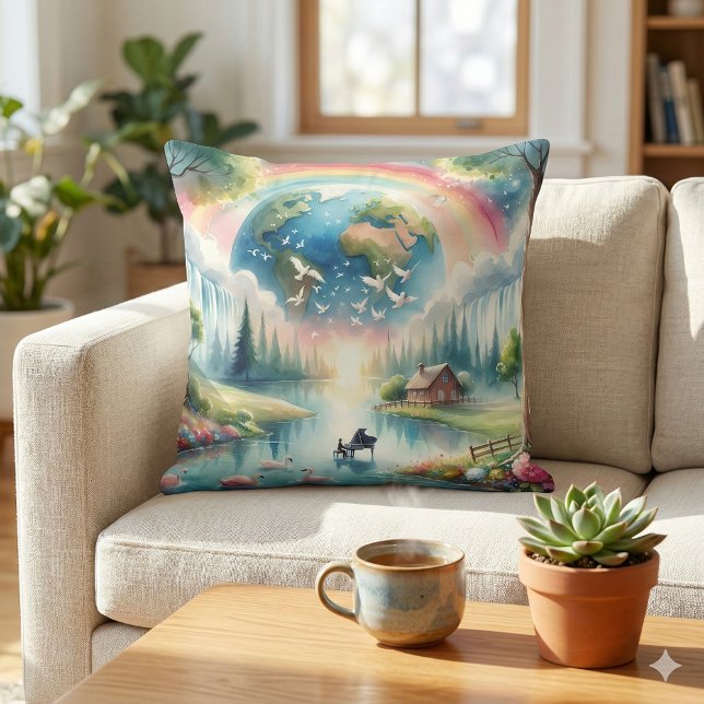 Almofada Cena de Fantasia da Terra com Arco-íris Caprichoso (Whimsical Rainbow Earth Fantasy Scene Throw Pillow Mockup A)