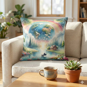 Almofada Cena de Fantasia Whimsical Rainbow Earth