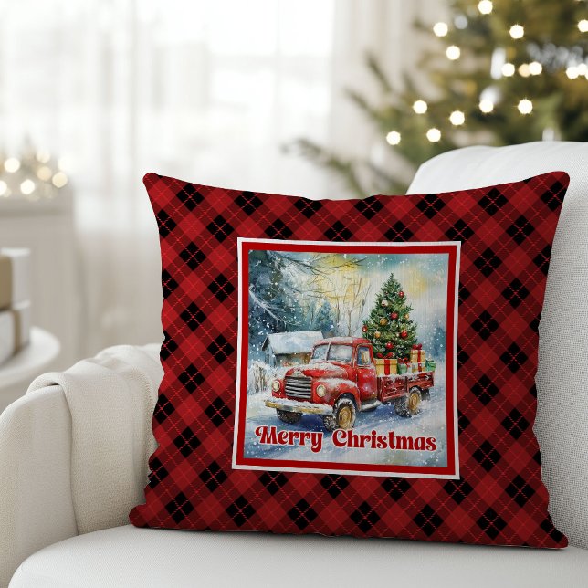 Almofada Cena de férias de caminhão vermelho refinado rusti (Refined red truck holiday scene rustic red green pillow

)