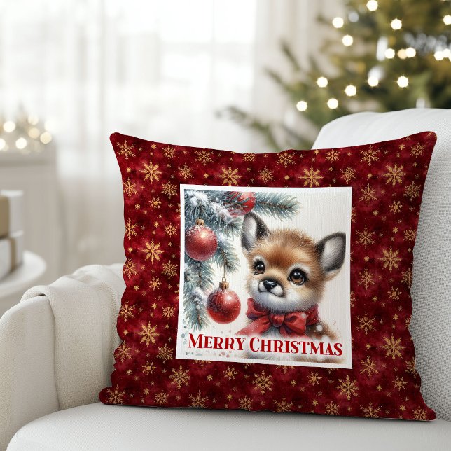 Almofada Cena de inverno quente, travesseiro de Natal com c (Warm winter scene baby fawn Christmas pillow (48))