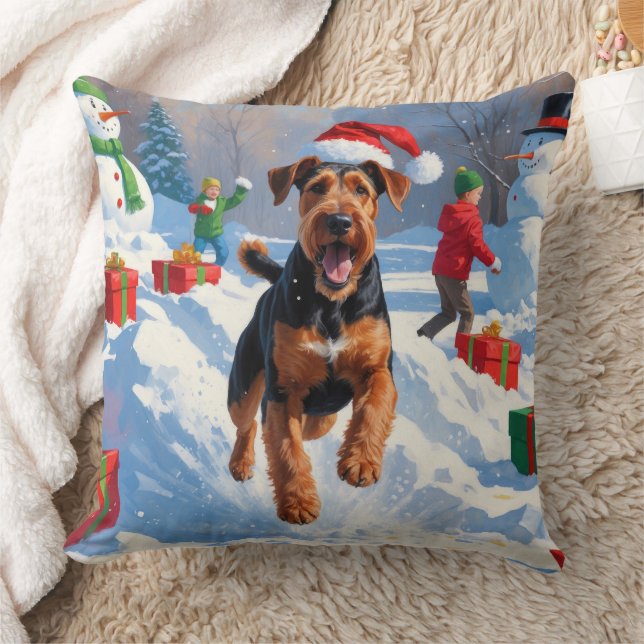 Almofada Cena de Natal com Neve Festiva de Airedale (Cobertor)