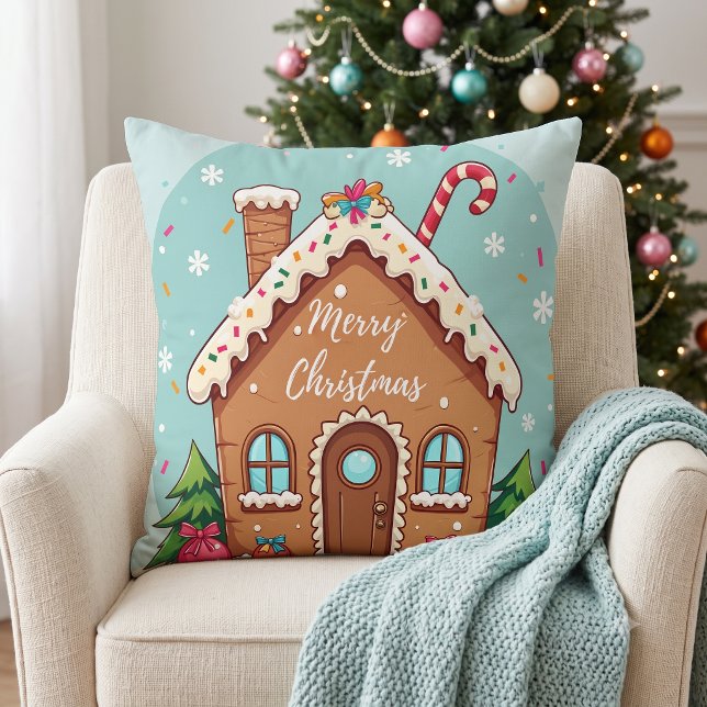 Almofada Cena de Natal da Casa de Biscoito de Gengibre Capr (Whimsical Gingerbread House Christmas Scene Throw Pillow)