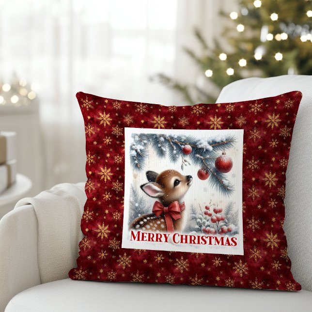 Almofada Cena de Natal na floresta nevada com cervo bebê pa (Hushed snowy forest Christmas scene baby deer kids decor)