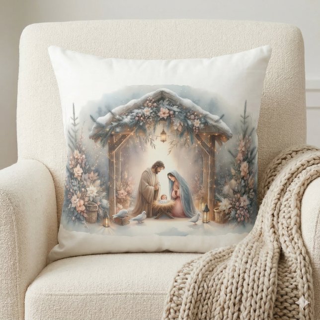 Almofada Cena de Natal Rústica com Florais de Inverno (Rustic Nativity Scene with Winter Florals Throw Pillow Mockup A)