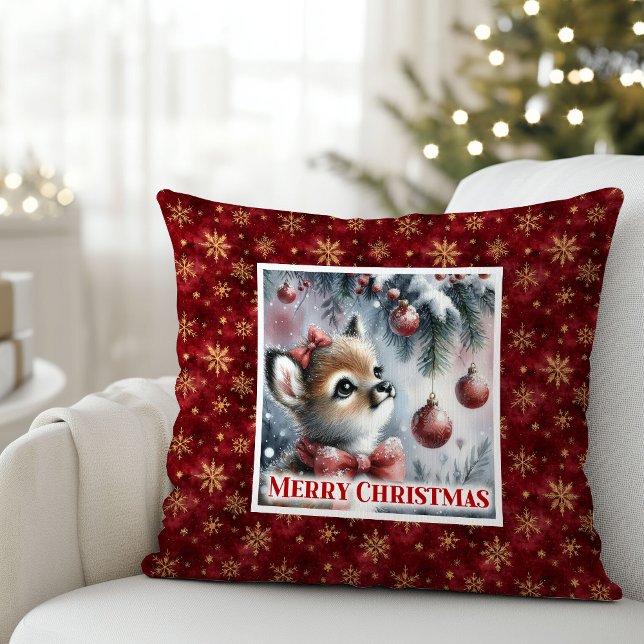 Almofada Cena de Natal sonhada com cervo bebê aconchegante  (Dreamy Christmas scene baby fawn cozy winter kids decor)