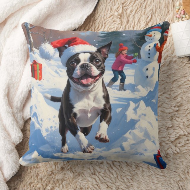 Almofada Cena de Neve Festiva de Boston Terrier Christmas (Cobertor)