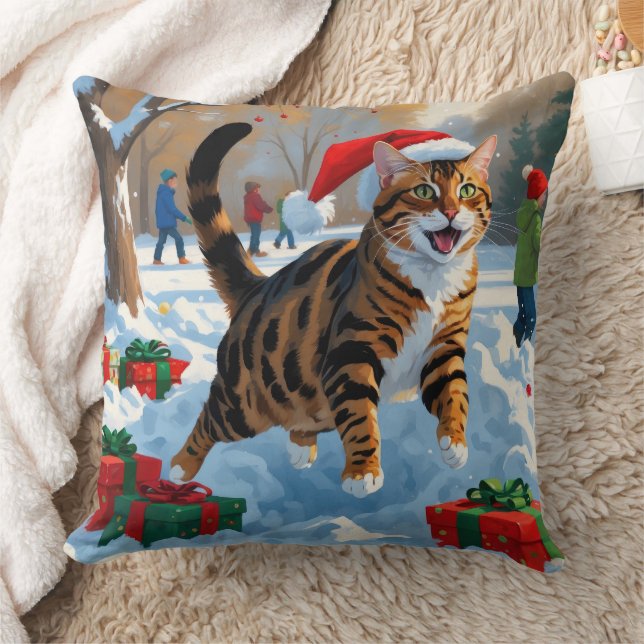 Almofada Cena de neve festiva de Natal com gato Bengal (Cobertor)
