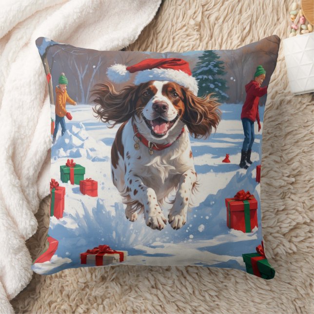 Almofada Cena de neve festiva de Natal do Brittany Spaniel (Cobertor)