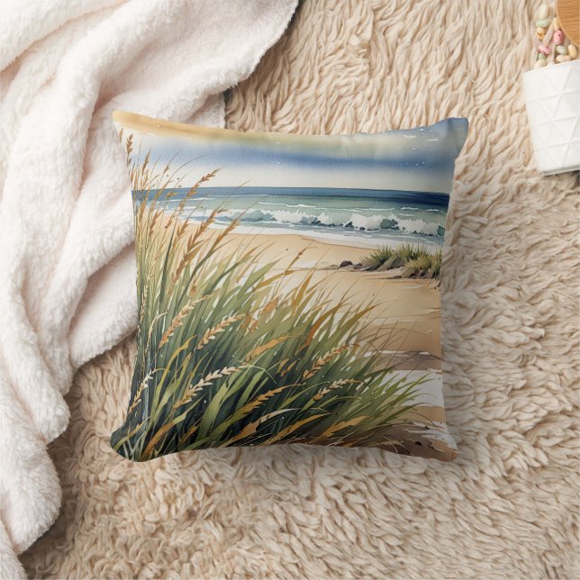 Almofada Cena de praia em aquarela com grama e oceano (Cobertor)