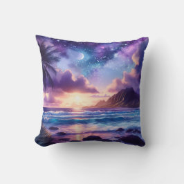 Almofada Cena de Praia Tropical com Lua no Céu Noturno Roxo