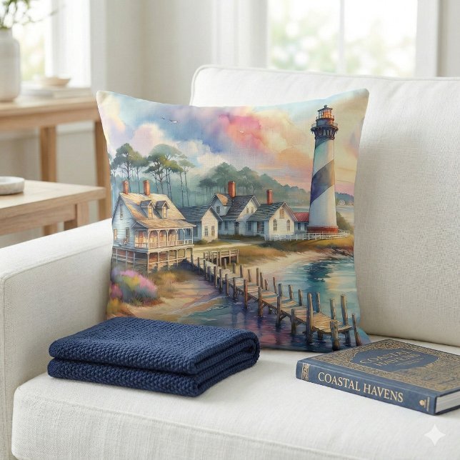 Almofada Cena do Farol Costeiro e Chalés de Praia (Coastal Lighthouse & Beach Cottages Scene Throw Pillow Mockup A)