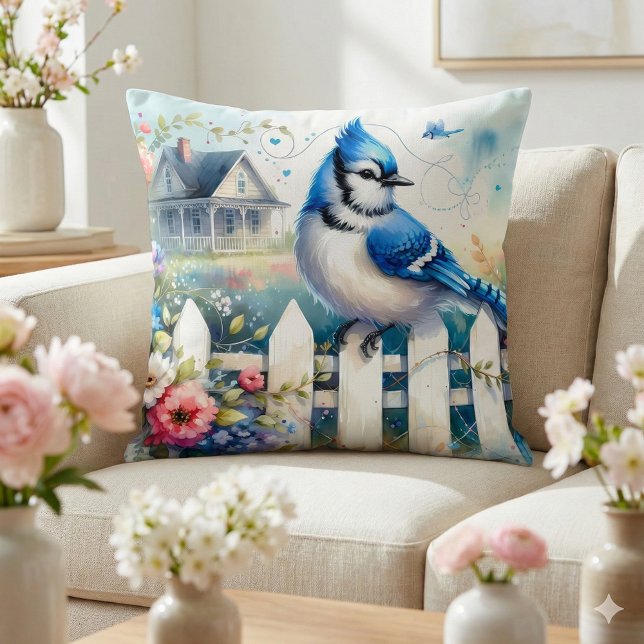 Almofada Cena do Jardim com Cerca da Casa da Gaivota Azul (Blue Jay Cottage Garden Fence Scene Throw Pillow Mockup A)