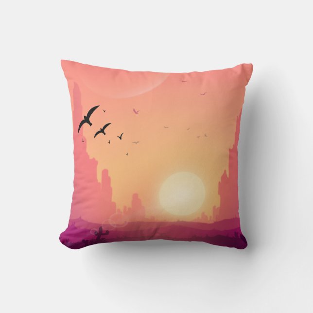 Almofada Cena do Sol do Deserto com Aves - Paisagem Natural (Frente)