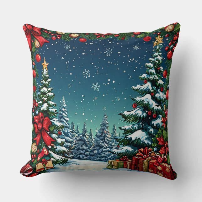 Almofada Cena Festiva de Natal com Árvores Nevadas (Frente)