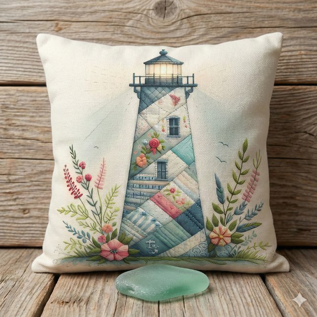 Almofada Cena Floral do Farol em Patchwork Costeiro (Patchwork Lighthouse Coastal Floral Scene Throw Pillow )